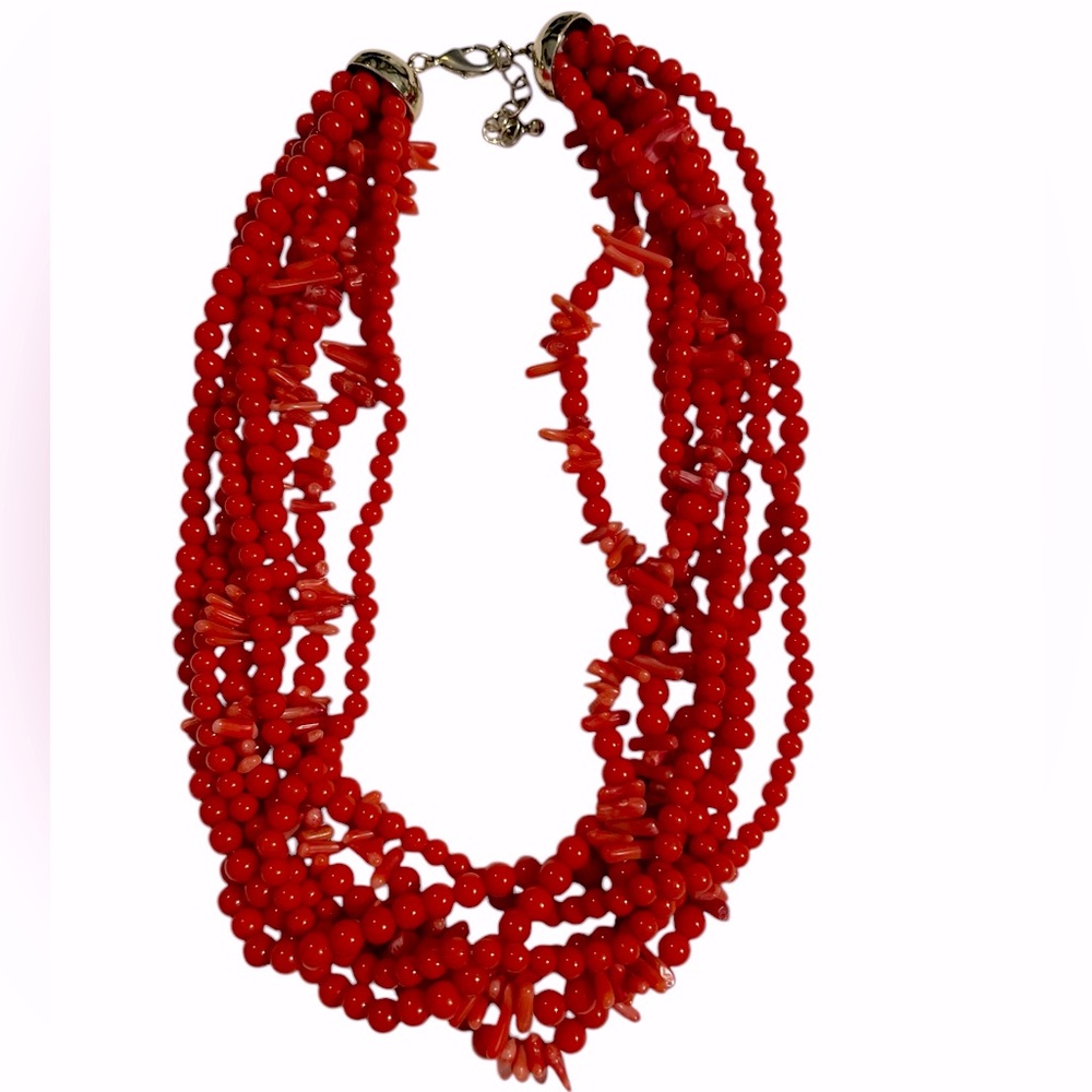 Amazing 6-strand Vintage Faux Coral Beaded Necklace 16"